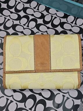 Coach Yellow Signature Canvas Trifold Wallet with Tan Leather Trim